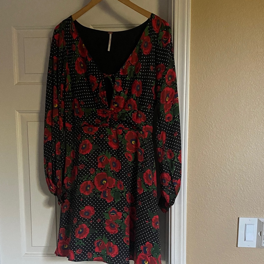 Free People Black Dress with Red Floral Design